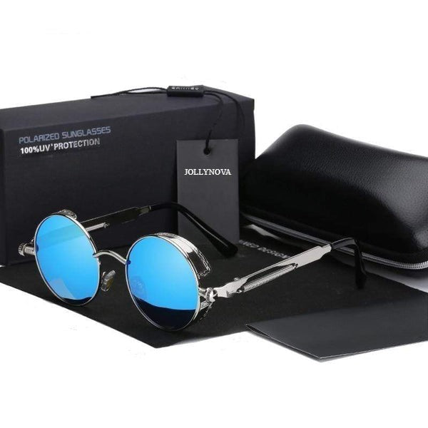Men's Retro Round Metal HD Polarized Punk Steampunk Sunglasses