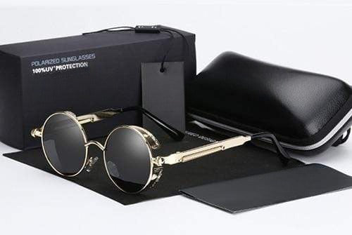 Men's Retro Round Metal HD Polarized Punk Steampunk Sunglasses