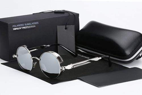 Men's Retro Round Metal HD Polarized Punk Steampunk Sunglasses