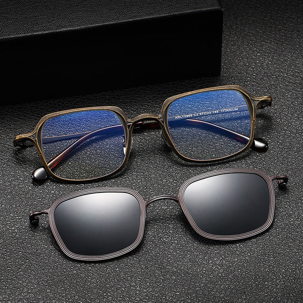 Chez Square Titanium Glasses Frame With Magnetic Sunglasses Clips