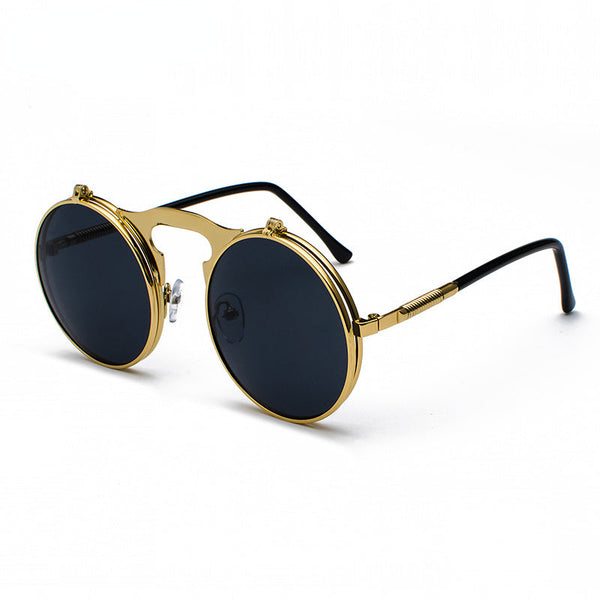Vintage Steampunk Flip Sunglasses Retro Round Metal Frame Sun Glasses for Men Women Brand Designer Circle Glasses