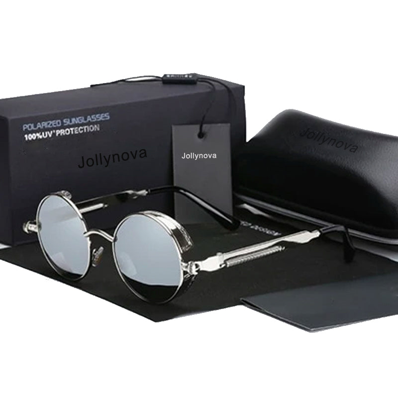 Retro Round Metal HD Polarized Punk Steampunk Sunglasses For