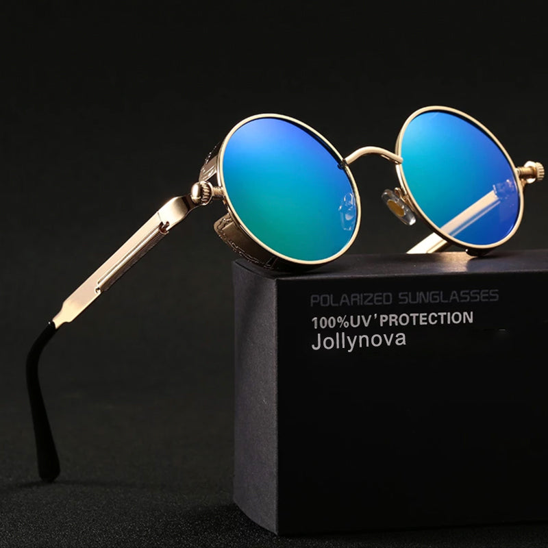 Retro Round Metal HD Polarized Punk Steampunk Sunglasses For Women Men,Vintage Sun Glasses, gold green
