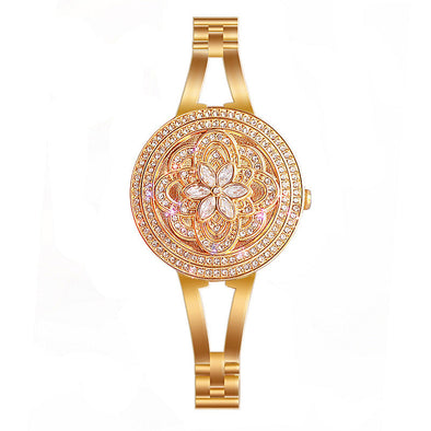 Fashion Gold Flower Dress Pocket Women Wristwatch (with a ins Bracelet as gift)