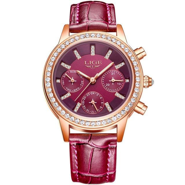 LIGE - Casual Leather Women's Dress Quartz Watch(with a ins Bracelet as gift)