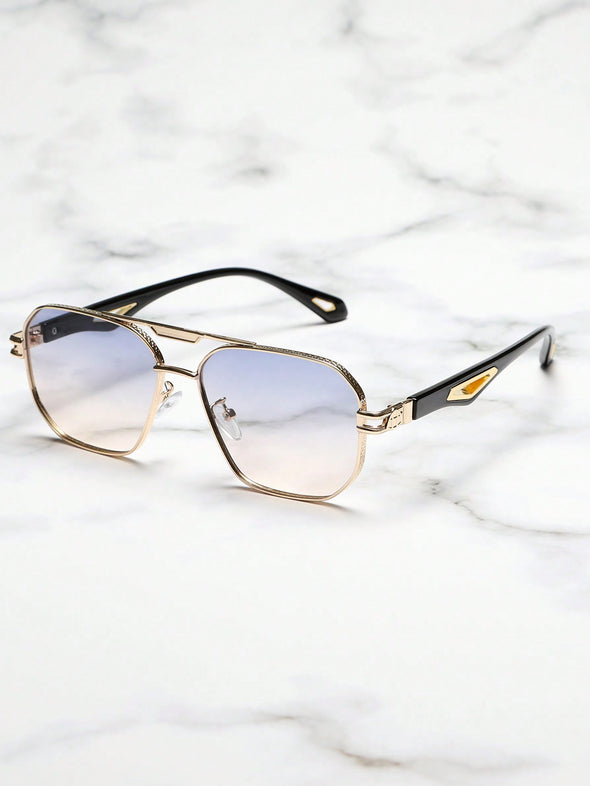 1pair Men's Square Shape Hollow Out Design Metal Frame Sunglasses