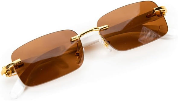 Luxury Gold Frame Rimless Brown Tint Men's Frameless Designer Retro 90's Rectangular Lens Sun Glasses Hip Hop White Wood Arm Shades Square Buffs Sunglasses For Men Women