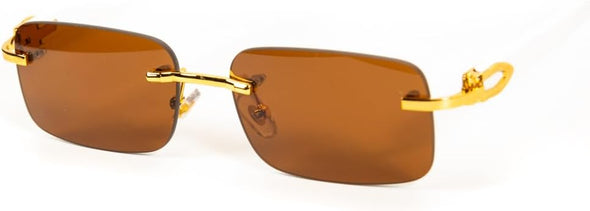 Luxury Gold Frame Rimless Brown Tint Men's Frameless Designer Retro 90's Rectangular Lens Sun Glasses Hip Hop White Wood Arm Shades Square Buffs Sunglasses For Men Women