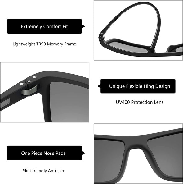 JOLLYNOVA Polarized Sunglasses for Men Lightweight TR90 Frame UV400 Protection Square Sun Glasses