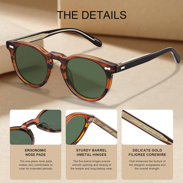 CARFIA Retro Acetate Polarized Sunglasses for Men UV Protection, Vintage Round Frame Eyewear with Gold Filigree CA5506L