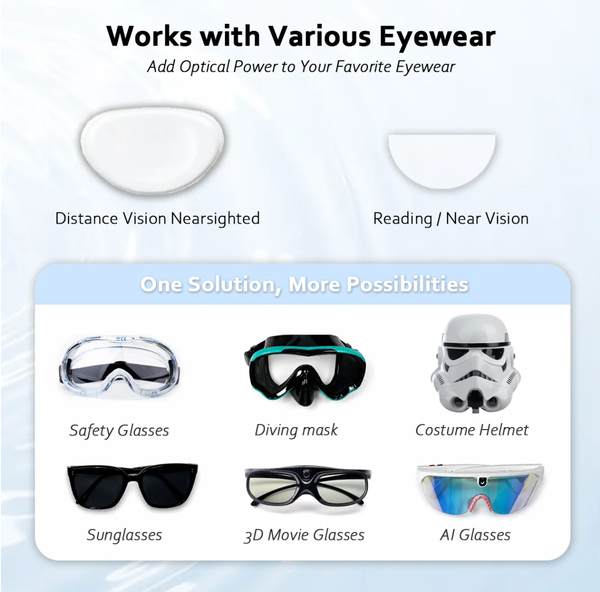 Stick-On Nearsighted Lenses Reusable Adhesive Myopia Lenses for Sunglasses Eyewear (2-pack)