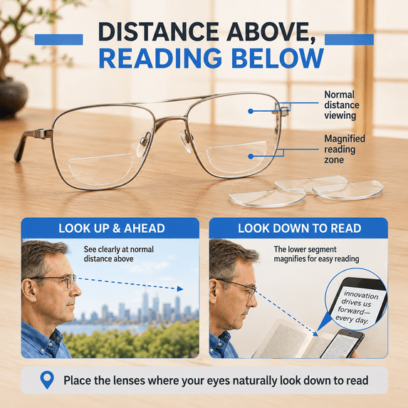 Stick-On Bifocal Magnifying Lenses Reusable Adhesive Lenses for Sunglasses Eyewear (2-pack)
