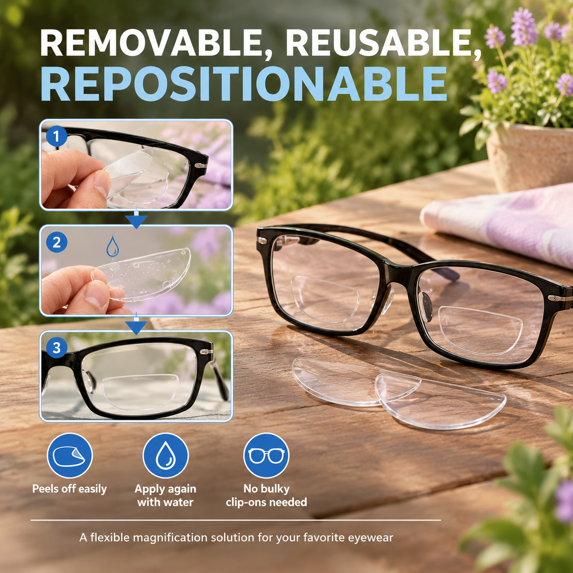 Stick-On Bifocal Magnifying Lenses Reusable Adhesive Lenses for Sunglasses Eyewear (2-pack)