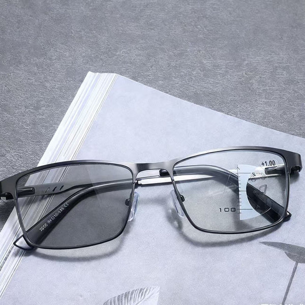 Fashion Business Metal Large Frame Anti-Blue Light Multifocal Photochromic Glasses