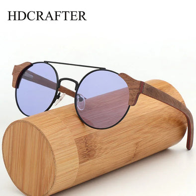 Hdcrafter Unisex Full Rim Round Alloy Wood Sunglasses 56229