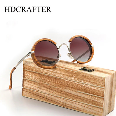 Hdcrafter Unisex Full Rim Round Wood Alloy Polarized Sunglasses 56407