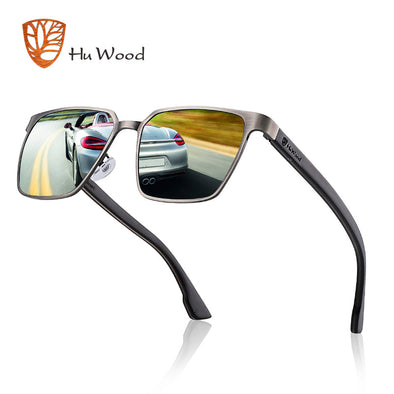 Hu Wood Brand Men's Square Metal Frame Sunglasses Spring Wood Temple With Polarized Lenses 4 Colors Gr8037