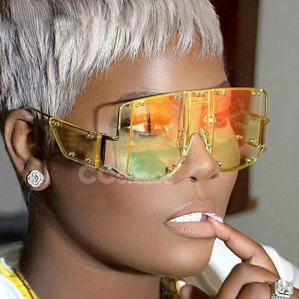 Metal Rivet Eyewear Oversized Mirror Square Sunglasses Men Women 