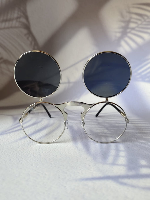 1pair Men Round Metal Frame Flip-up Vintage Fashion Glasses For Daily Life