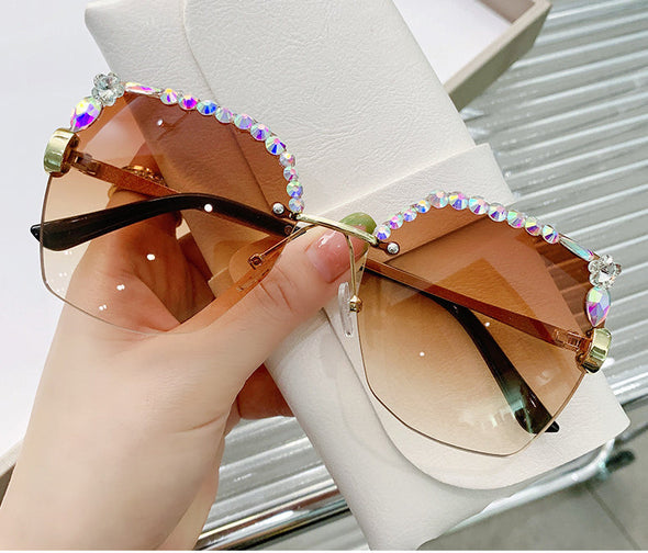 rimless ladies diamond sunglasses online celebrity cutting border UV fashion sunglasses