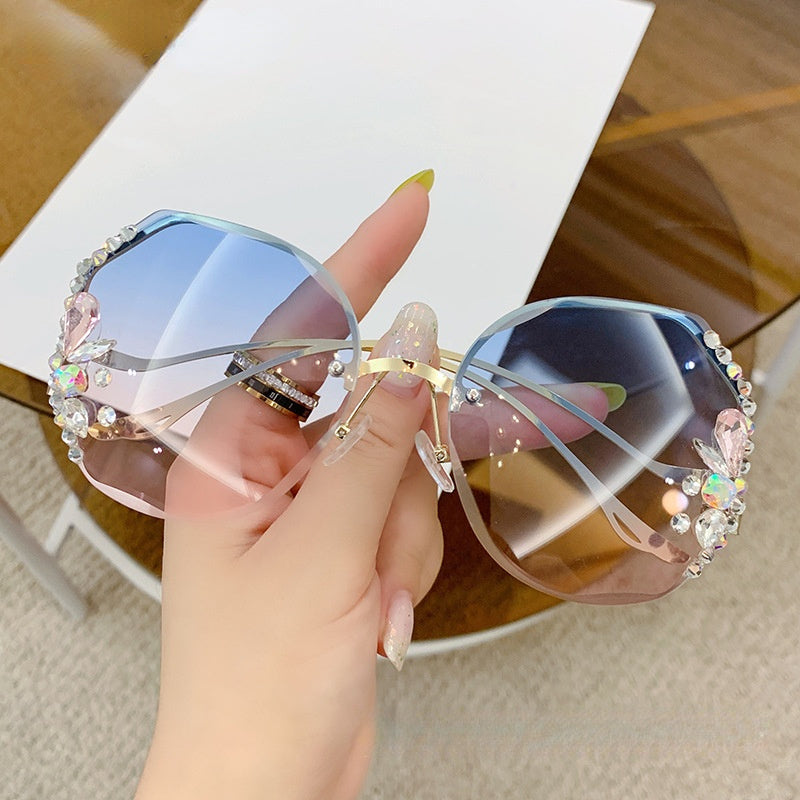 2023 Luxury Brand Design Vintage Rimless Rhinestone Sunglasses