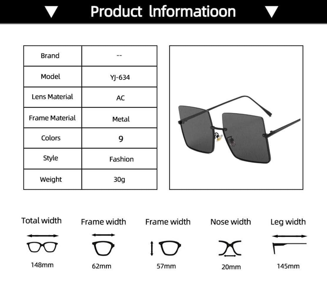 Fashion Square Sunglasses Vintage Semi Rimless Metal Frame Sun Glasses  Eyewear