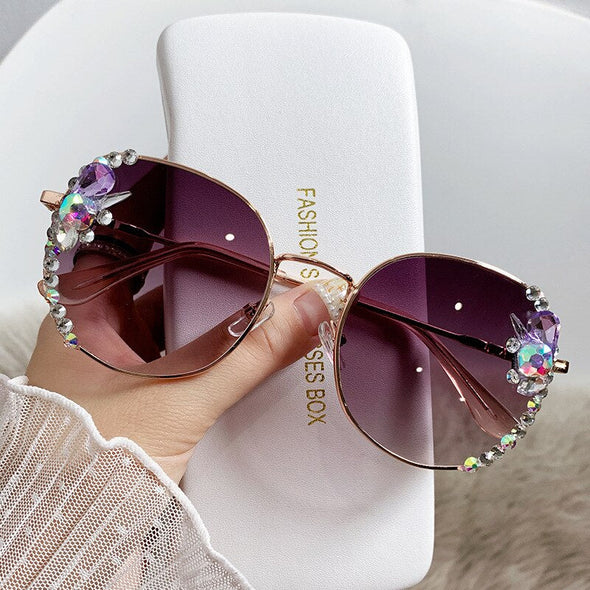 Classic Round Luxury Brand Sunglasses Women Bling Diamond Sun Glasses Vintage Shades Female Pink Eyewear Gafas De Sol