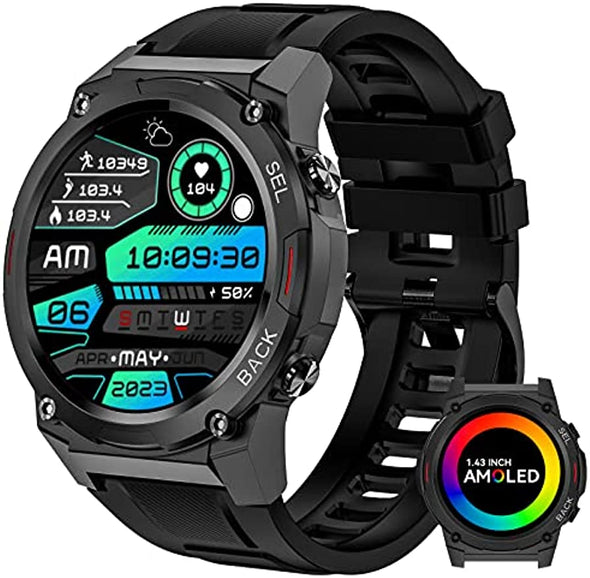 JOLLYNOVA Military Smart Watch DM51 for Men(Answer/Make Call) 1.43" AMOLED Always On Display Rugged Outdoor Tactical Smartwatch Waterproof Fitness Watch with Heart Rate Blood Oxygen Sleep Monitor for Android iOS