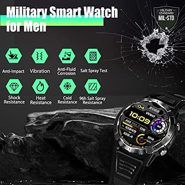 JOLLYNOVA Military Smart Watches NY10 for Men with Bluetooth Call 1.43" AMOLED Always On Display Rugged Outdoor Tactical Smartwatch with Heart Rate Blood Pressure Sleep Monitor Sports Fitness Watch for Android iOS
