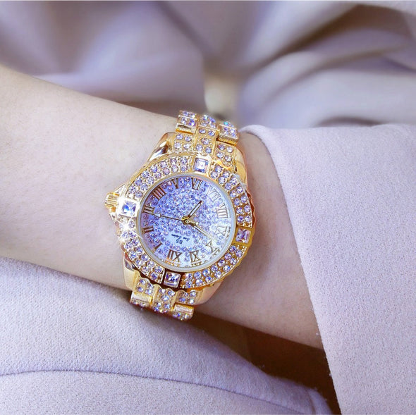 Women Diamond Gold Watch Luxury Rhinestone Bracelet Watches (with a ins Bracelet as gift)