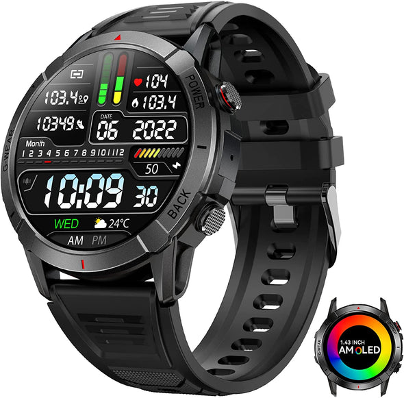 JOLLYNOVA Military Smart Watches NY10 for Men with Bluetooth Call 1.43" AMOLED Always On Display Rugged Outdoor Tactical Smartwatch with Heart Rate Blood Pressure Sleep Monitor Sports Fitness Watch for Android iOS
