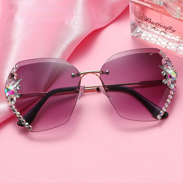Fashion Rimless Diamond Sunglasses Women UV400 Rhinestone Female Vintage Gradient Sunglass