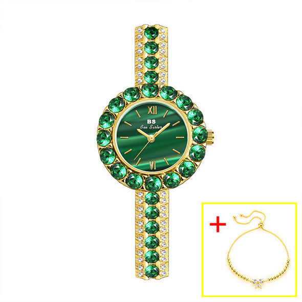 2022 Small Dial Diamond Elegant  Wristwatches Dress Green Watch (with a ins Bracelet as gift)