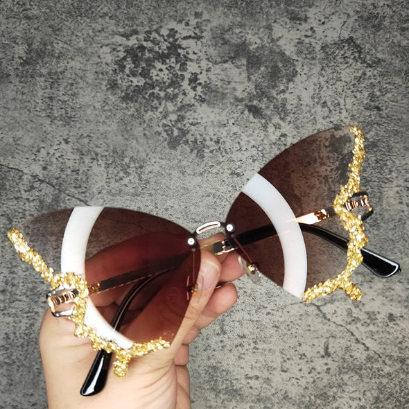 Butterfly Diamond Luxury Brand Designer Sunglasses Trendy Fashion Rimless Crystal Sun Glasses Bling Diamond Eyewear