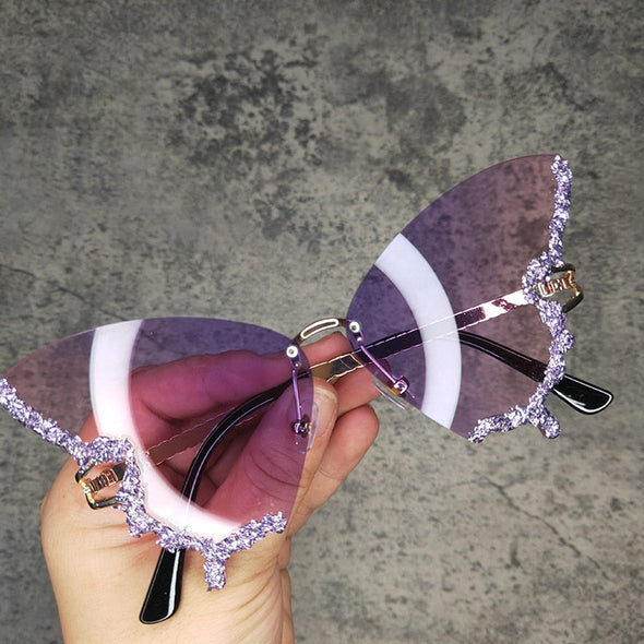 Butterfly Diamond Luxury Brand Designer Sunglasses Trendy Fashion Rimless Crystal Sun Glasses Bling Diamond Eyewear