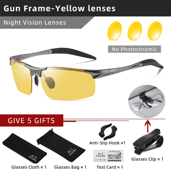 Top Anti-Glare Day Night Vision Glasses Men Driving Polarized Sunglasses Aluminum Rimless Photochromic Riding Goggles UV