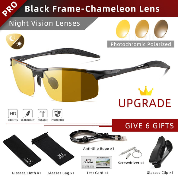 Top Anti-Glare Day Night Vision Glasses Men Driving Polarized Sunglasses Aluminum Rimless Photochromic Riding Goggles UV
