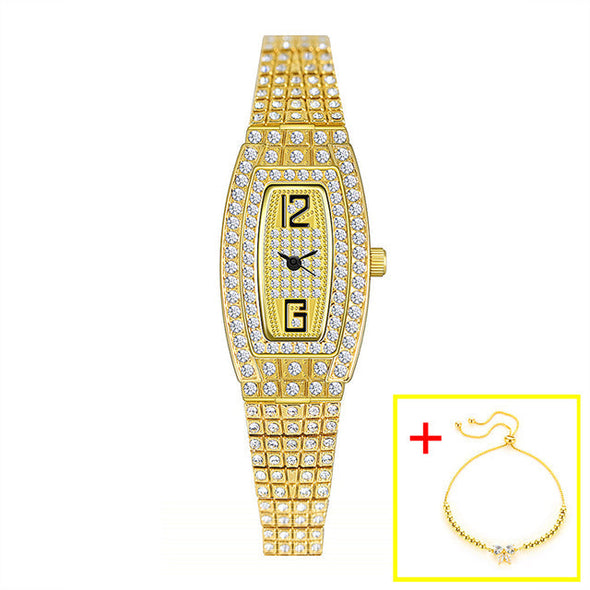 Women Luxury Square Diamond Crystal Rose Gold Wristwatches (with a ins Bracelet as gift)