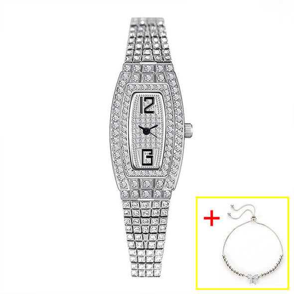 Women Luxury Square Diamond Crystal Rose Gold Wristwatches (with a ins Bracelet as gift)