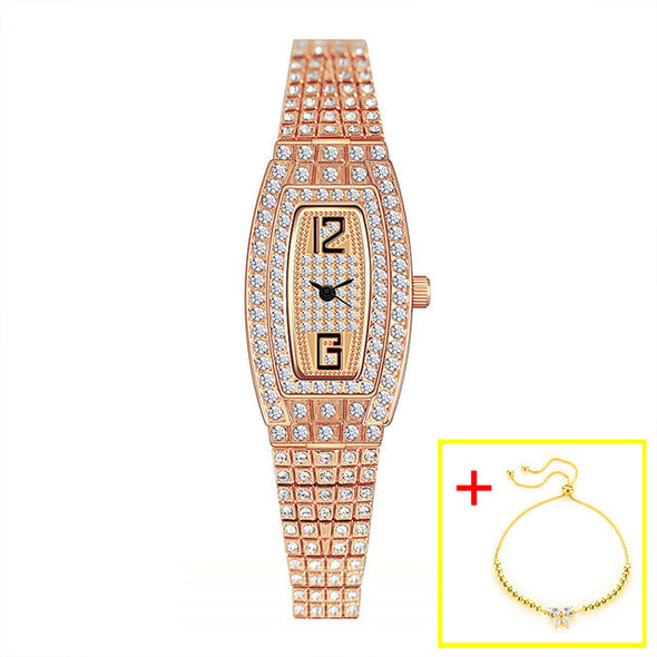 Women Luxury Square Diamond Crystal Rose Gold Wristwatches (with a ins Bracelet as gift)