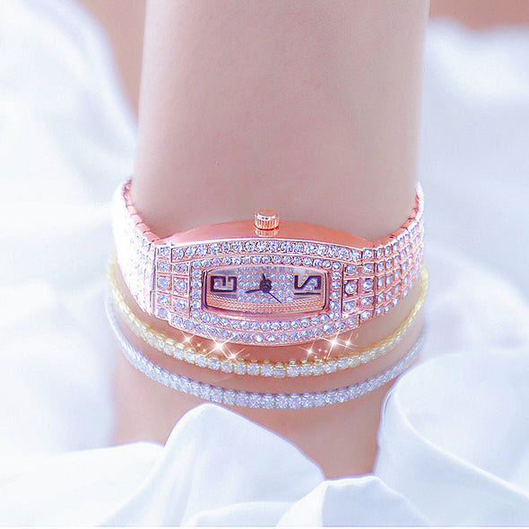 Women Luxury Square Diamond Crystal Rose Gold Wristwatches (with a ins Bracelet as gift)