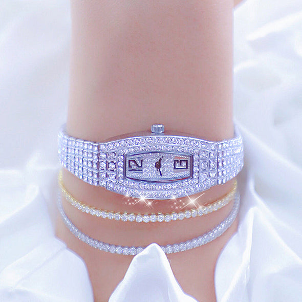 Women Luxury Square Diamond Crystal Rose Gold Wristwatches (with a ins Bracelet as gift)