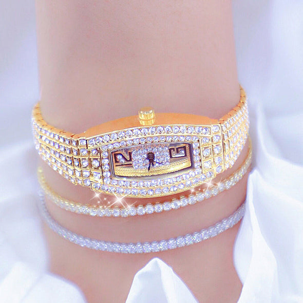 Women Luxury Square Diamond Crystal Rose Gold Wristwatches (with a ins Bracelet as gift)
