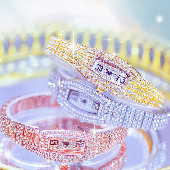 Women Luxury Square Diamond Crystal Rose Gold Wristwatches (with a ins Bracelet as gift)