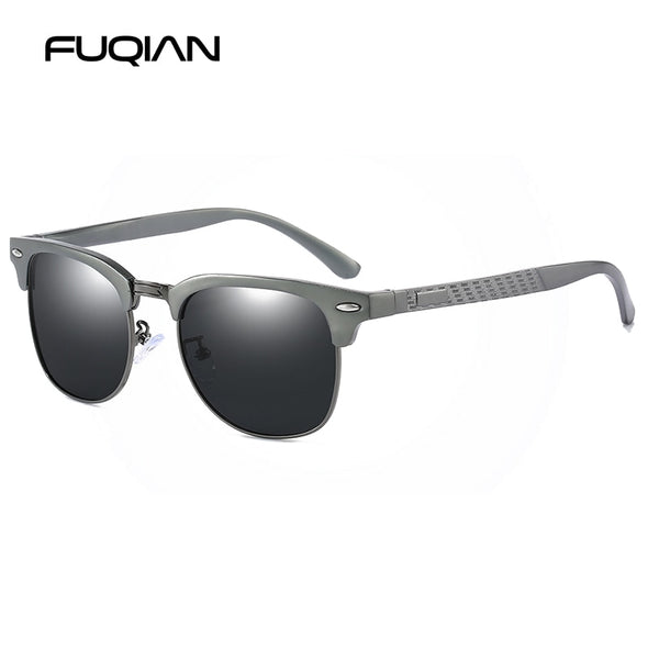 FUQIAN New Aluminum Magnesium Polarized Men Sunglasses High Quality Half-frame Male Sun Glasses Cool Mirror Blue Driving Glasses