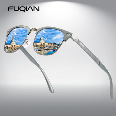 FUQIAN New Aluminum Magnesium Polarized Men Sunglasses High Quality Half-frame Male Sun Glasses Cool Mirror Blue Driving Glasses
