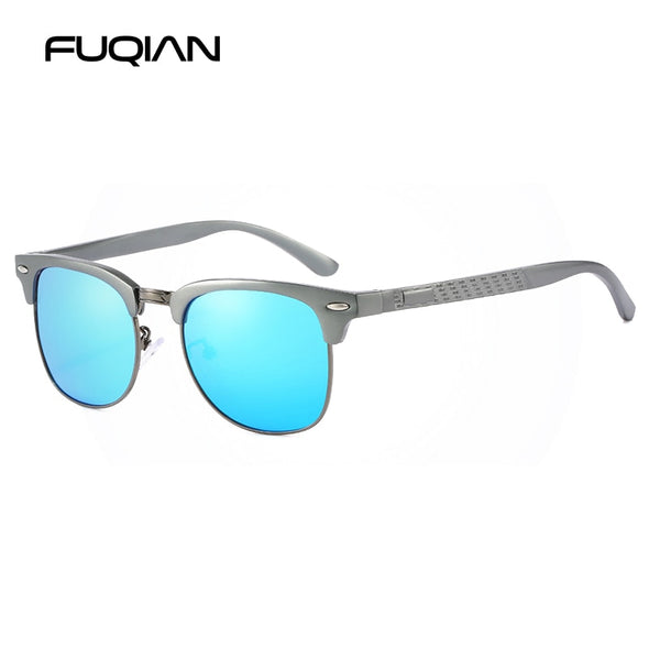 FUQIAN New Aluminum Magnesium Polarized Men Sunglasses High Quality Half-frame Male Sun Glasses Cool Mirror Blue Driving Glasses