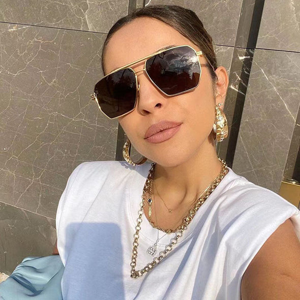 Fashion Double Beam Polarized Metal Square Large Frame Sunglasses Luxury Brand Design Anti-ultraviolet UV400 Casual Sun Glasses