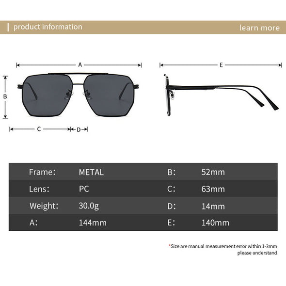 Fashion Double Beam Polarized Metal Square Large Frame Sunglasses Luxury Brand Design Anti-ultraviolet UV400 Casual Sun Glasses