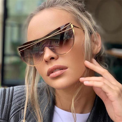 Gradient Brown One Piece Sunglasses Women  Luxury Brand Glasses Metal Cross Designer Shades Big Sunglass UV400